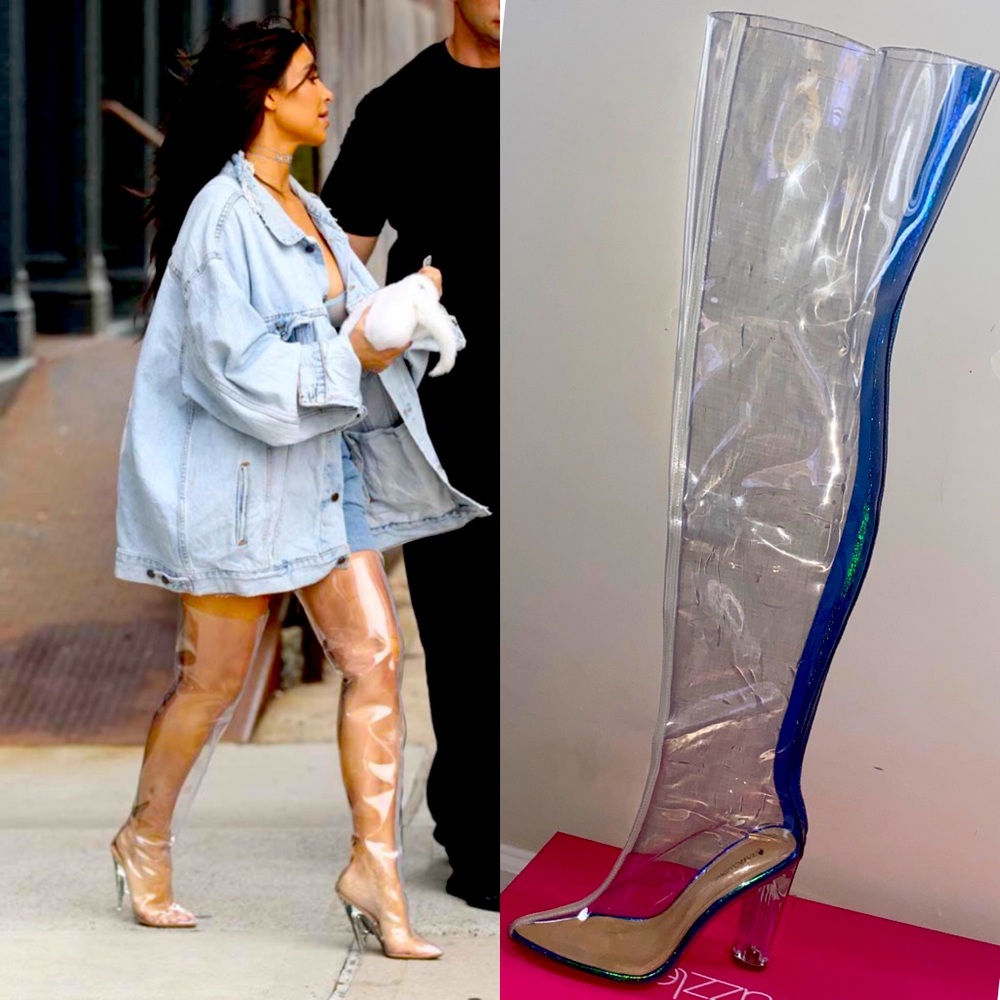 AmiClubwear Pointy Toe Clear Chunky Heel Thigh High Boots